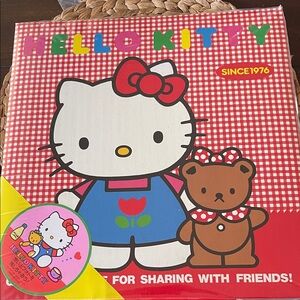Hello Kitty Red Gingham Graphic with Blue Outfit and Brown Teddy